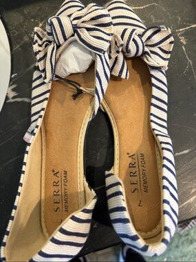 SERRA Navy & White Striped Bow Ballet Flats